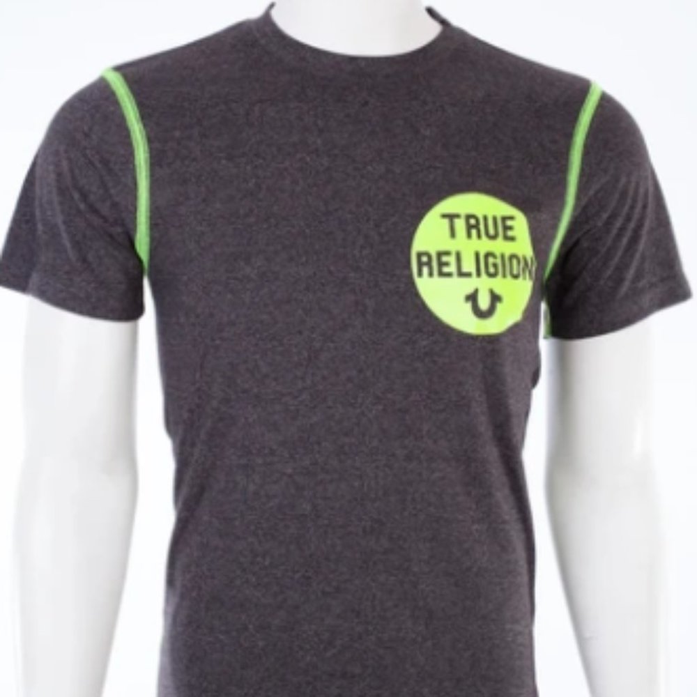 TRUE RELIGION Mens Short Sleeve HEATHER CREW Crewneck T-Shirt (Washed Black)